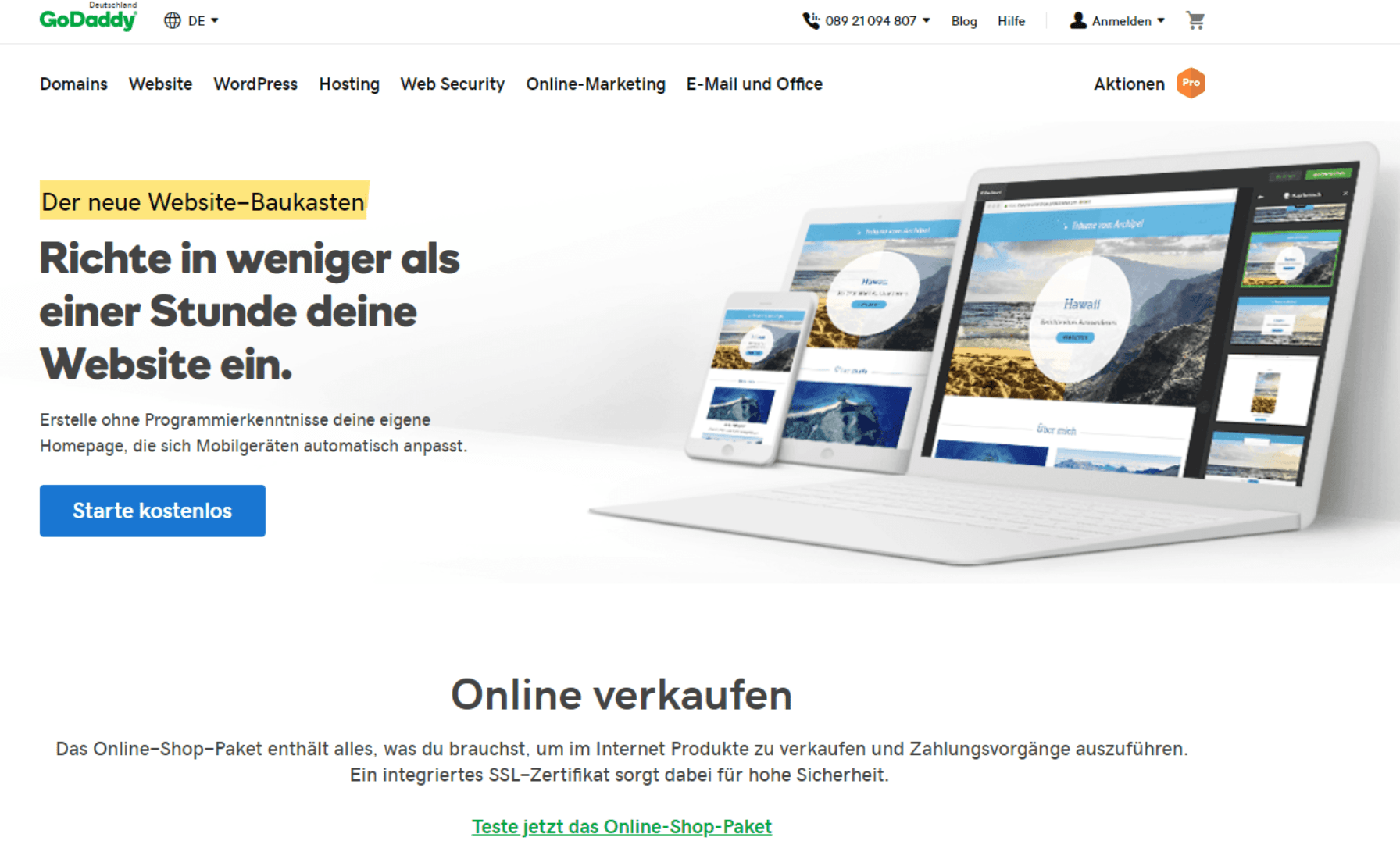 Kostenlose Website erstellen mit GoDaddy - Anleitung Schritt 1