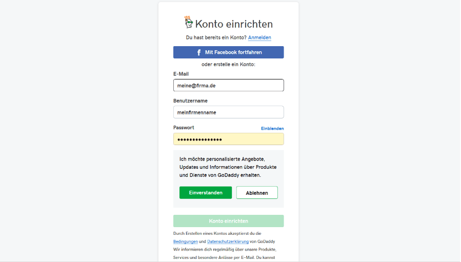 Firmenhomepage erstellen mit GoDaddy Schritt 1.2: Konto einrichten