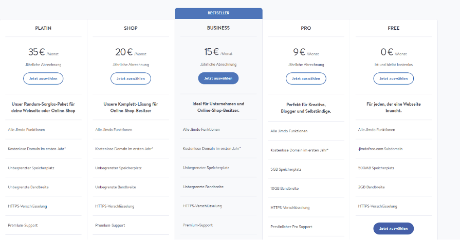 Firmenhomepage erstellen mit Jimdo Schritt 2: Tarif auswählen