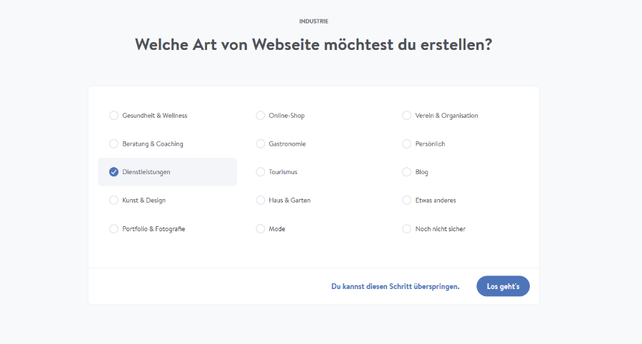 Firmenhomepage erstellen mit Jimdo Schritt 2: Branchenwahl