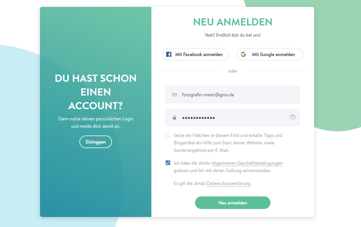 Fotografie Website erstellen mit Jimdo Schritt 1.2: Registrieren