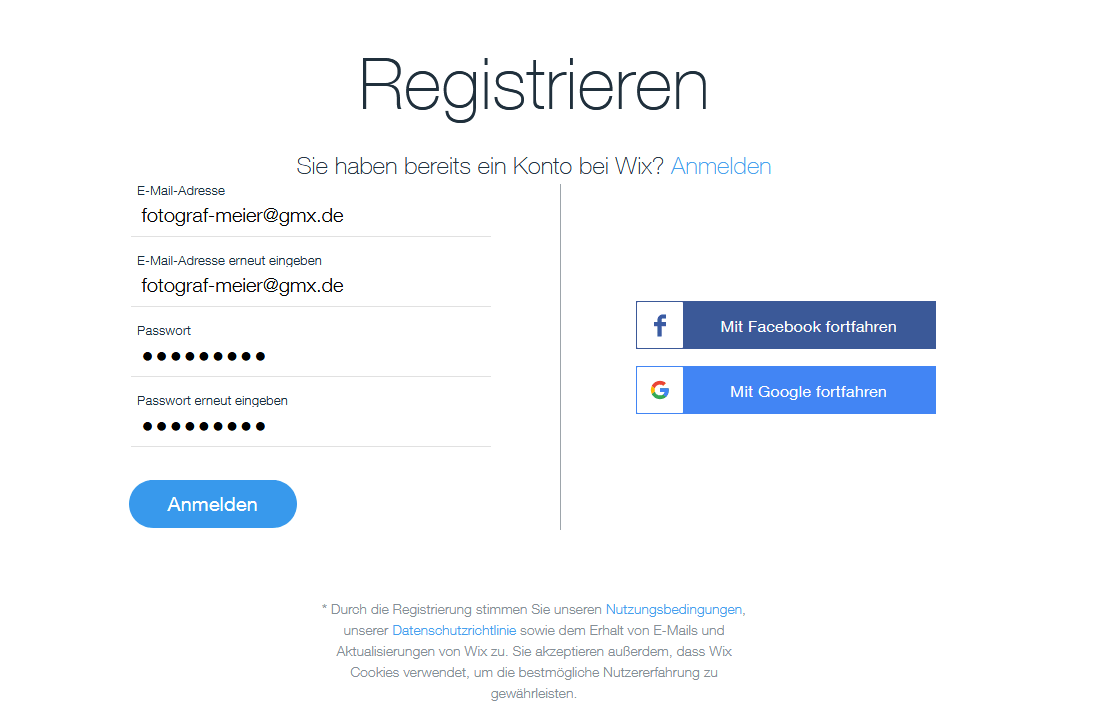 Fotografie Website erstellen mit Wix Schritt 1.2: Registrieren