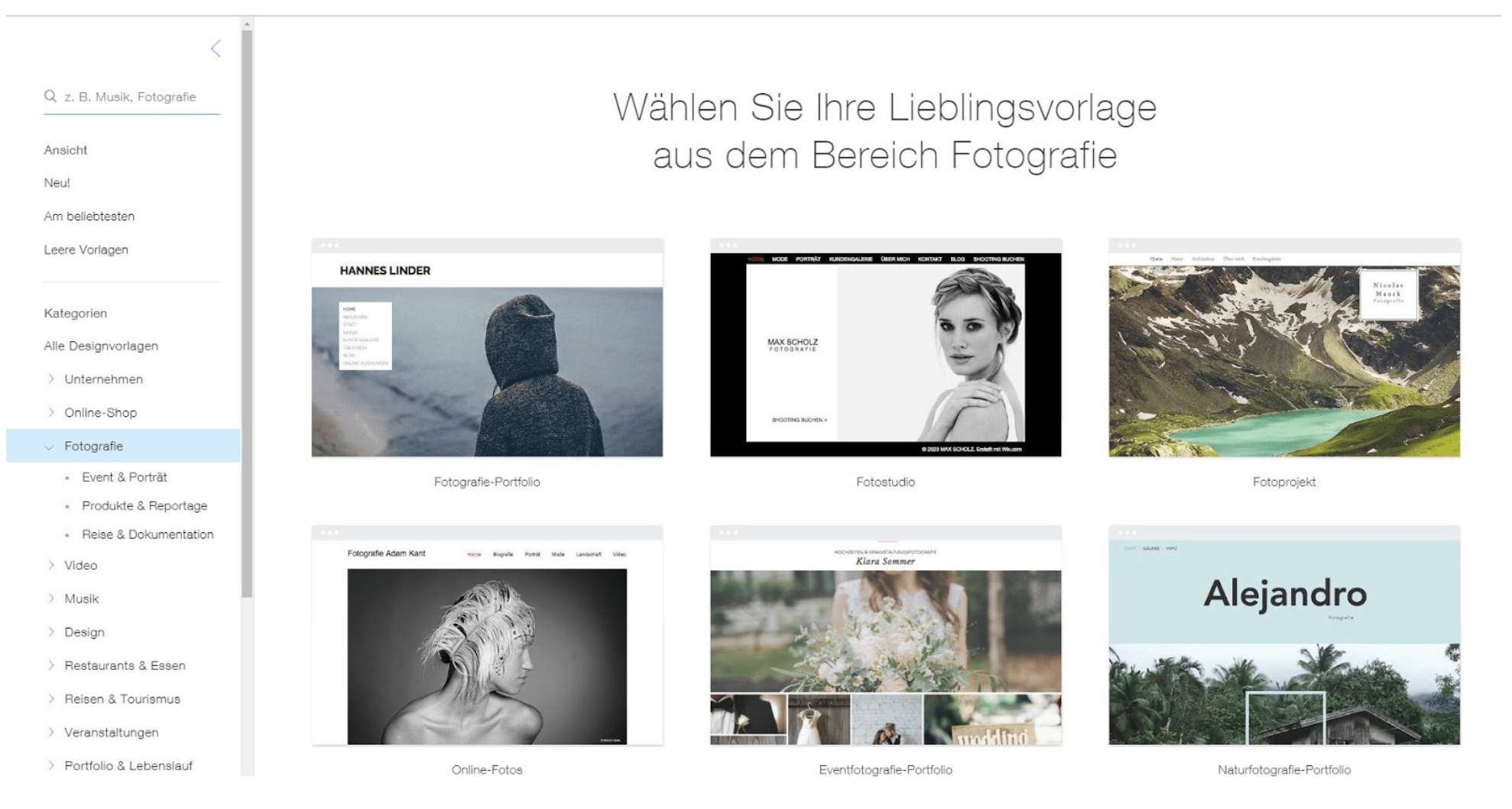 Fotografie Website erstellen mit Wix Schritt 4: Vorlage auswählen