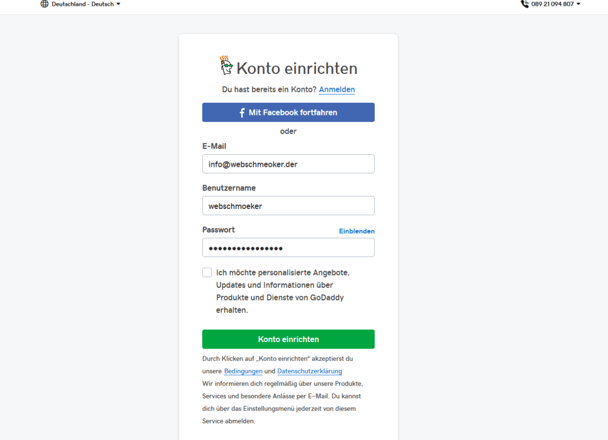 Fotografie Website erstellen mit GoDaddy Schritt 2: Registrieren