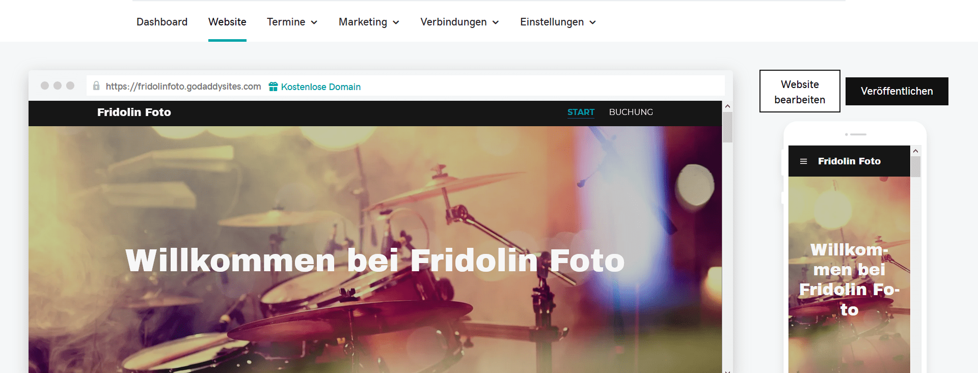 Fotografie Website erstellen mit GoDaddy Schritt 7.2: Mobile Vorschau