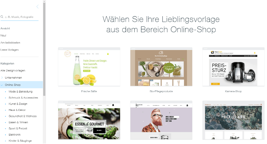 Website mit Online-Shop erstellen Wix Schritt 3: Design auswählen