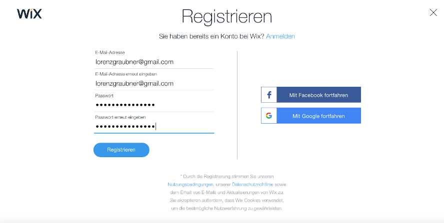 Website mit Online-Shop erstellen Wix Schritt 1: Registrieren