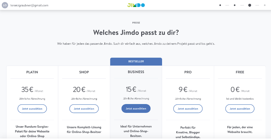 Website mit Online-Shop erstellen Jimdo Schritt 5: Tarif auswählen
