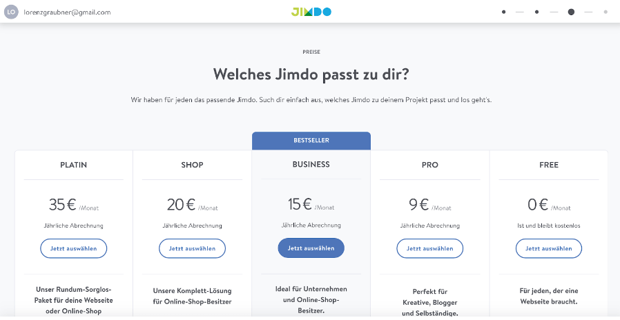 Reiseblog erstellen mit Jimdo Schritt 5: Tarif wählen