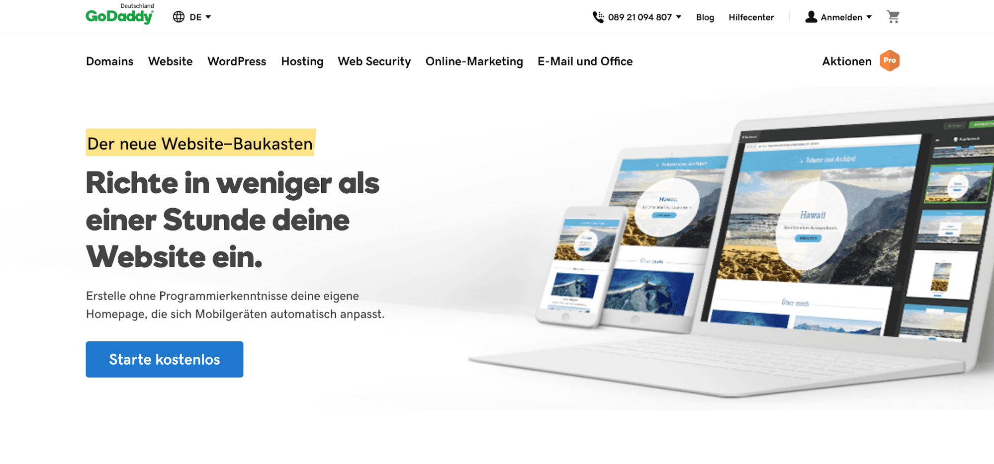 Kostenlose Website erstellen mit GoDaddy - Schritt 1.1: Starten