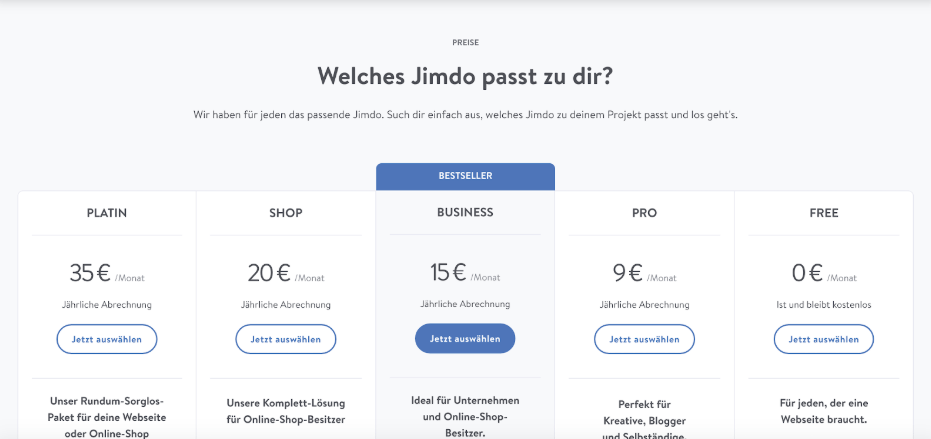 Kostenlose Website erstellen mit Jimdo Schritt 5: Tarif wählen