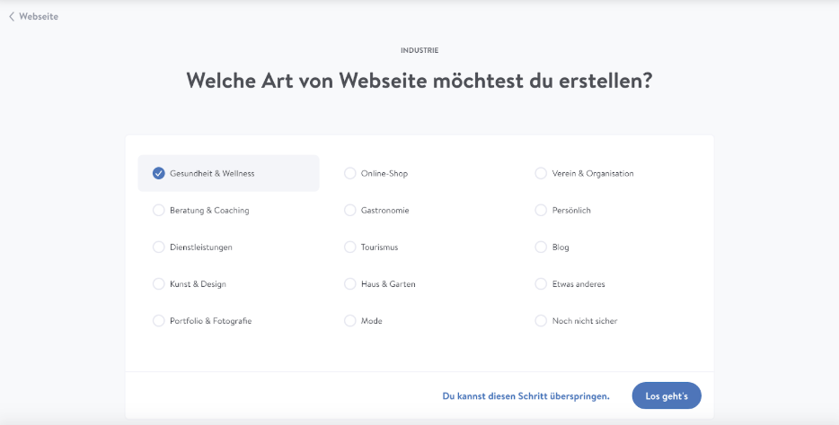 Kostenlose Website erstellen mit Jimdo - Schritt 3: Branche wählen
