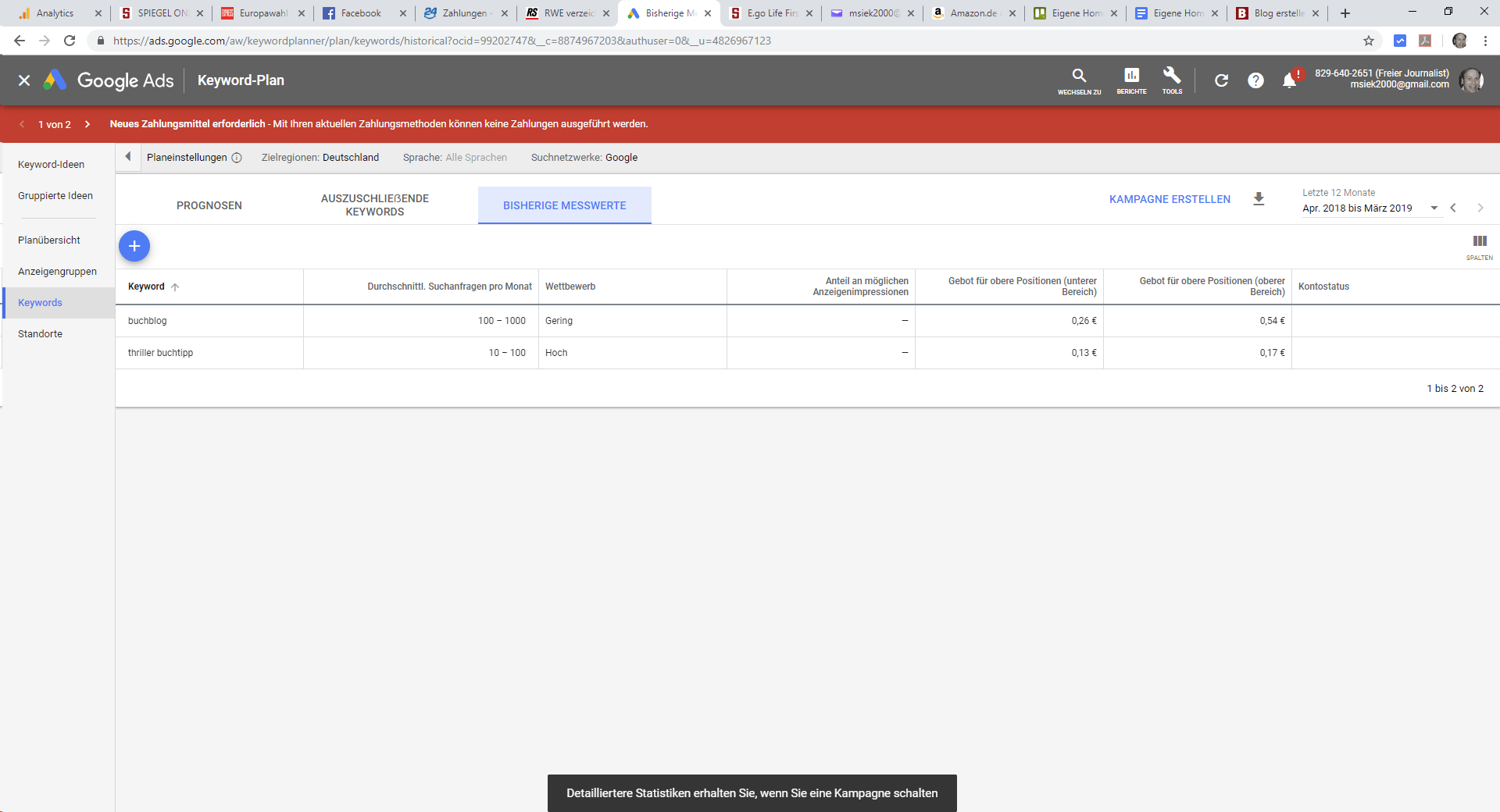 Homepage inkl. Domain erstellen: Google Keyword-Plan