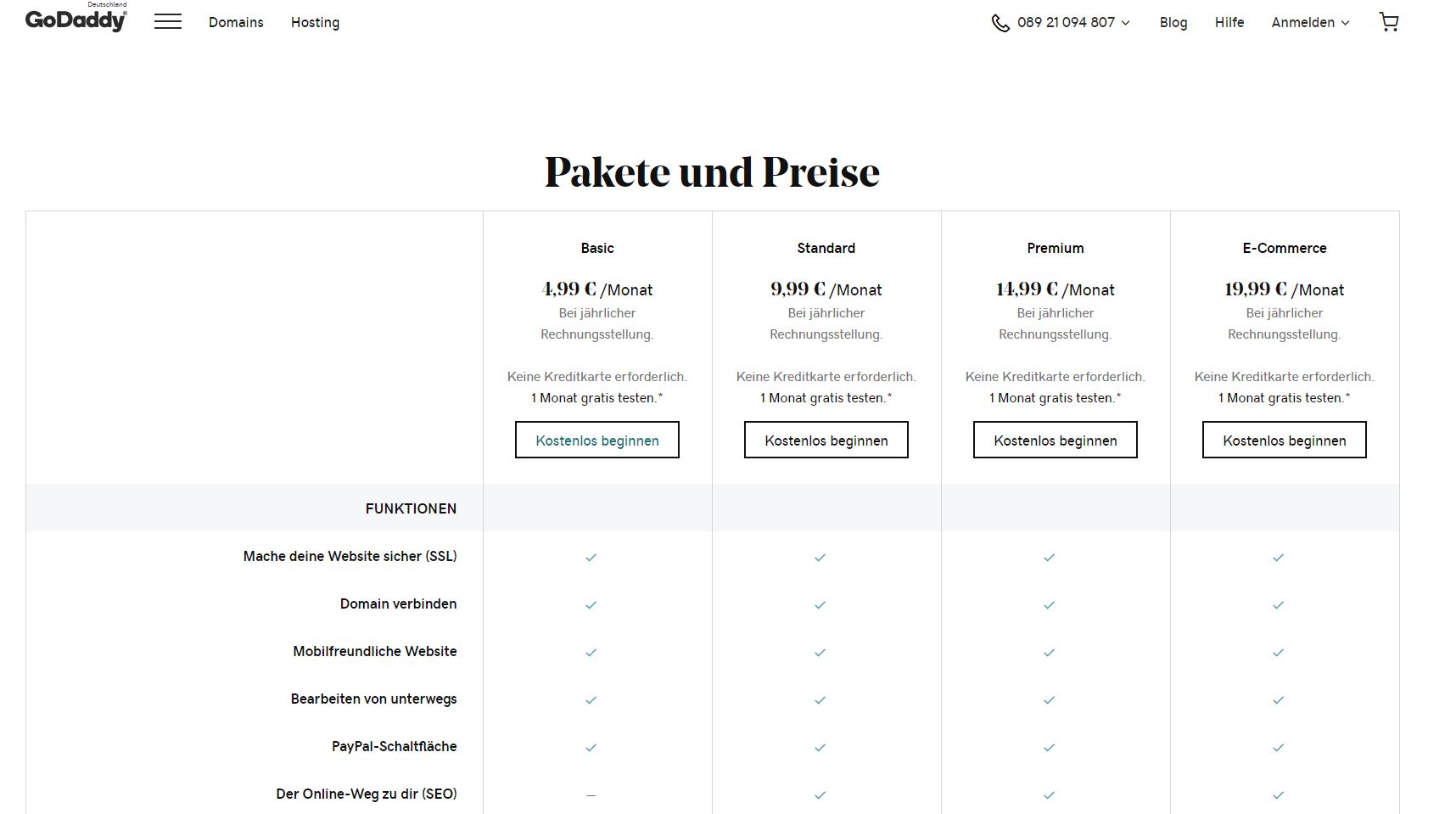 "GoDaddy" Website Builder (Test): Pakete und Preise