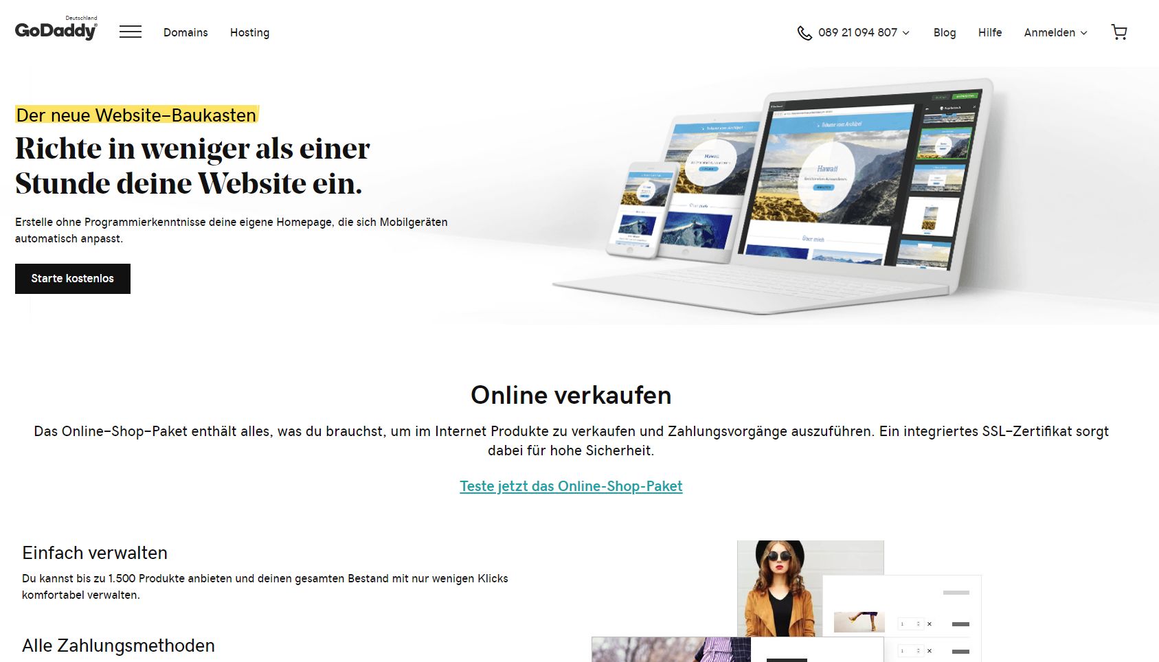 "GoDaddy" Website Builder (Test): Website erstellen Schritt 1