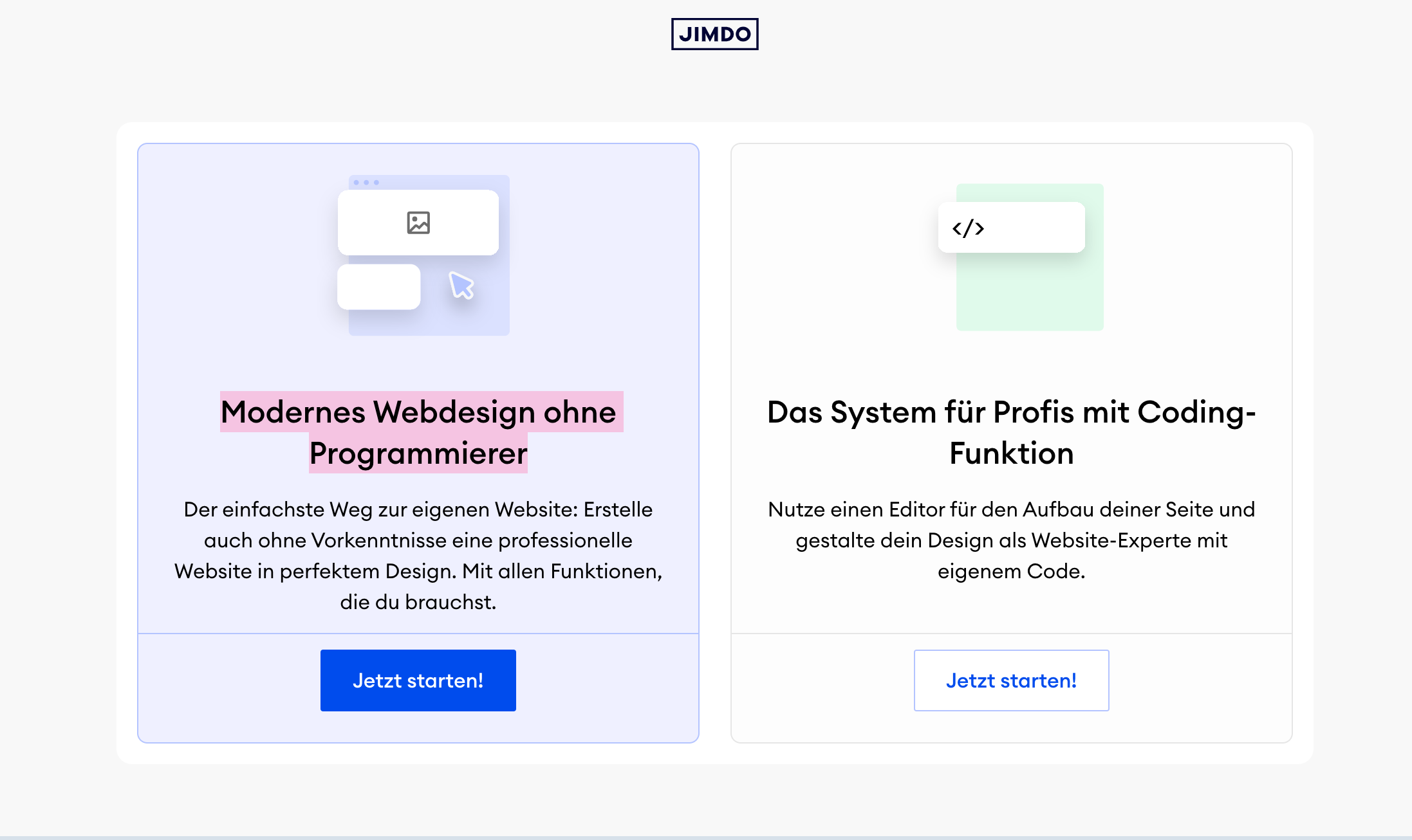 Jimdo Website Baukasten, es stehen zwei Versionen zur Auswahl