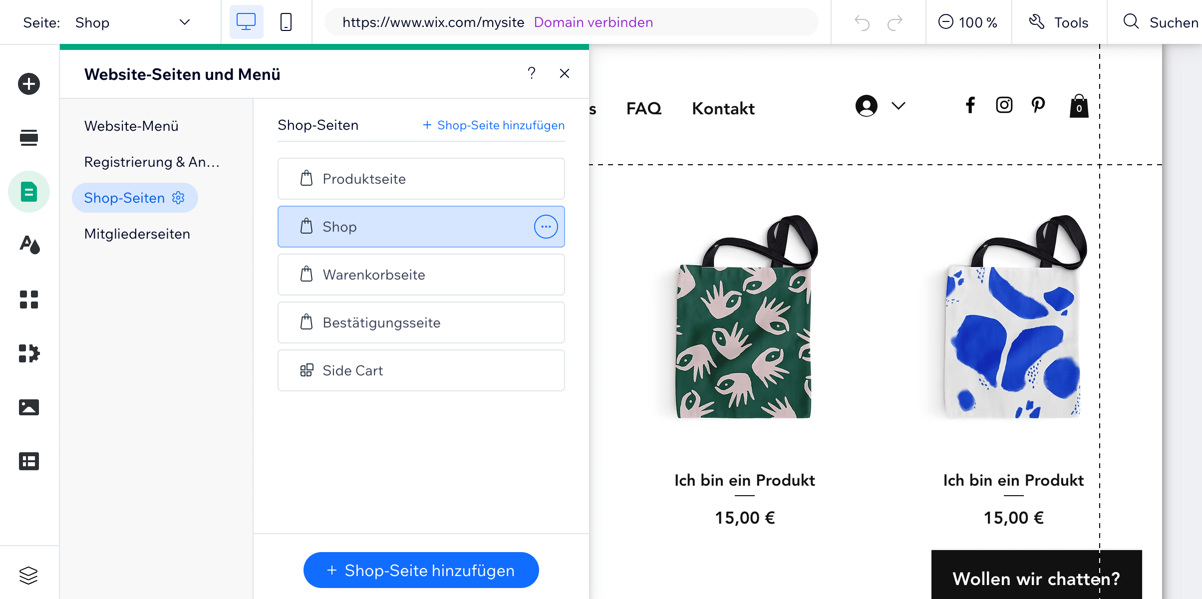 Wix Onlineshop Menü
