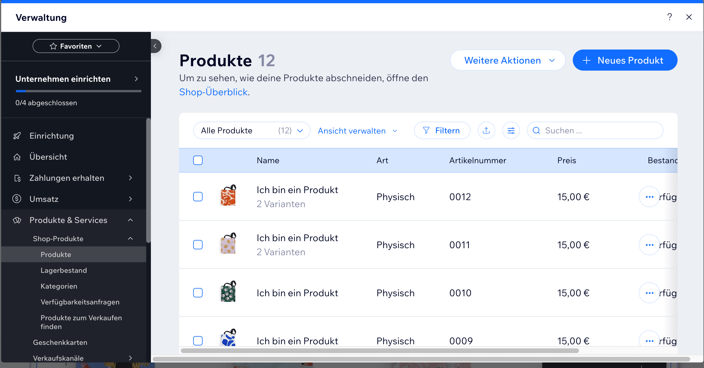 Produkte Verwaltung Wix Onlineshop