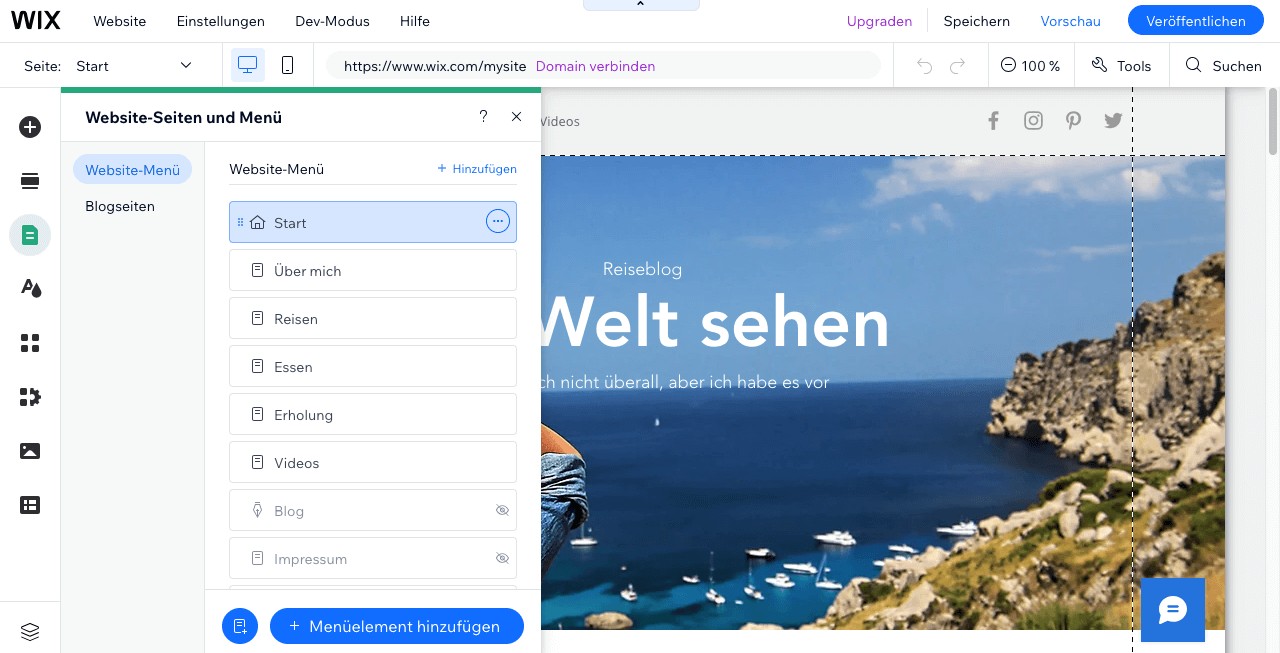 Wix Reiseblog mit Menü