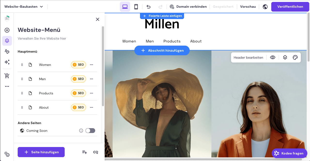 Hostinger Menü Seiten