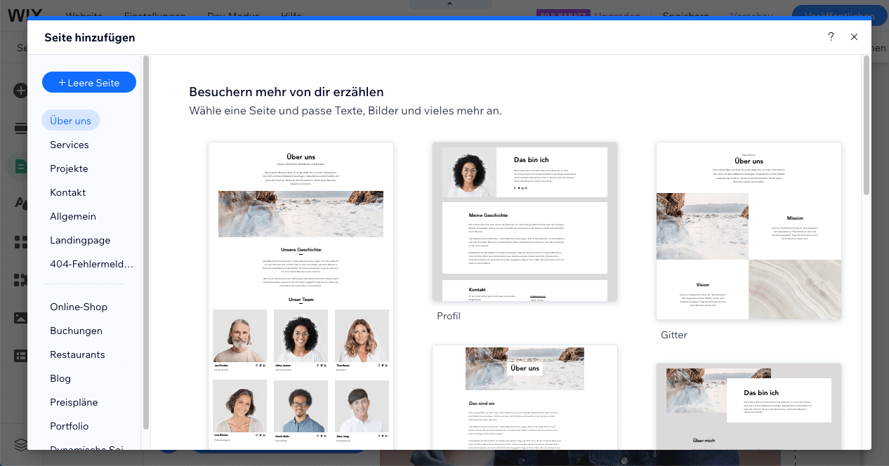 Wix Vorlagen für Seiten