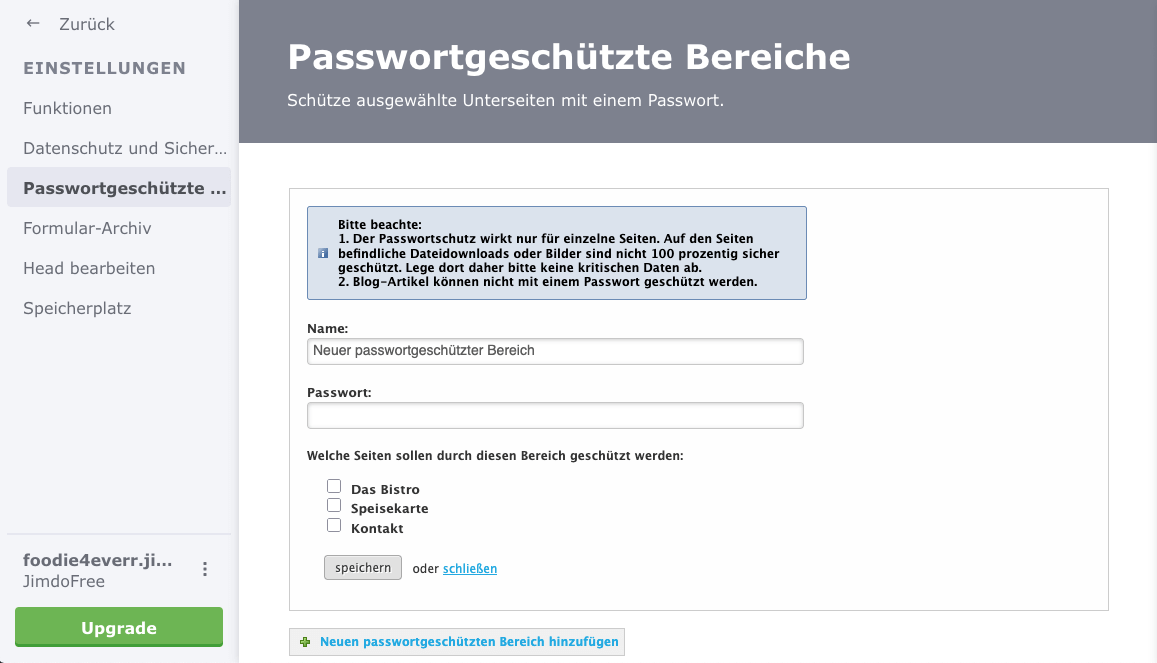 Passwortbereich Jimdo
