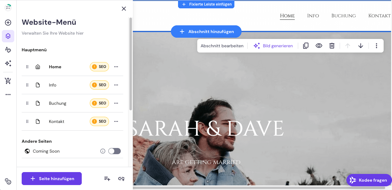 Hostinger Hochzeitshomepage SeitenStruktur